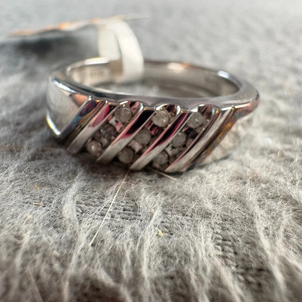 Mens Sterling Silver 0.10ctw Diamond Band Ring Size 10 925 Silver Diagonal Band